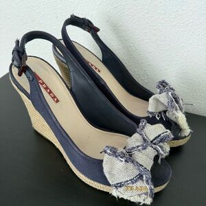 PRADA Navy Denim Bow Detail Logo Slingback Espadrille Wedge Sandals